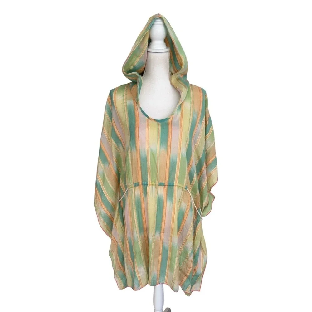 Anthropologie Lilka Pastel Yarn Dyed Tunic Poncho Green Cotton Oversized Size XS